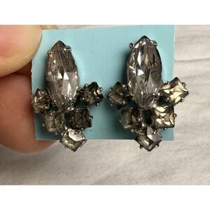 Vintage 50s/60s Rhinestone Triangle Screwback Silver Tone & Smoky Clear Marquise